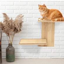 Trụ cào móng cho mèo treo tường 2 tầng bằng sợi sisal có chỗ đậu, giá đỡ cây leo bằng gỗ nổi cho mèo. - Màu be - Xem 1