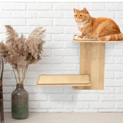 Trụ cào móng cho mèo treo tường 2 tầng bằng sợi sisal có chỗ đậu, giá đỡ cây leo bằng gỗ nổi cho mèo.