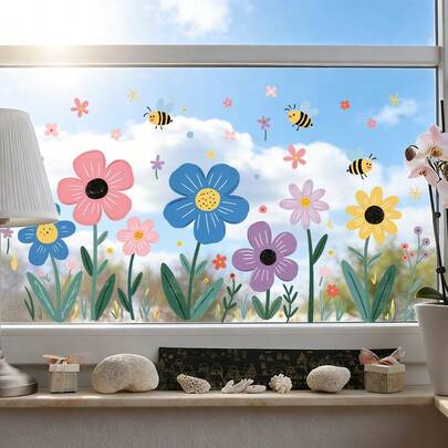 BRUP 1/2 feuilles Autocollant de fenêtre à fleurs de printemps - Décalcomanie florale d'abeille et de papillon pour la cuisine, la chambre d'enfant, la salle de bain | Décoration d'intérieur esthétique amovible