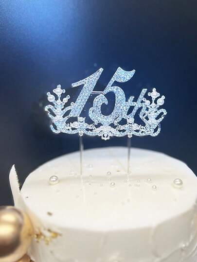 1pc 15th Birthday Cake Topper, Crystal & Pearl Cake Decoration, Elegant Anniversary Cake Plaque, Shining Celebration Centerpiece