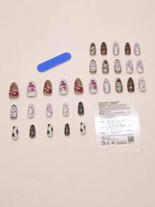 一套杏仁形3D梦幻玫瑰爱心动物波纹INS风可拆卸美甲贴纸，适合女性日常、工作和约会，附赠1个指甲锉和1瓶凝胶指甲油。 - 彩色 - 查看 2