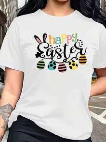 Camiseta de verano holgada para mujer con estampado de "Feliz Pascua": fuente con orejas de conejo y decoración de huevos, camiseta versátil de manga corta, cómoda y transpirable, diseño clásico de cuello redondo, adecuada para el uso diario, citas o ropa casual. - Blanco - Ver 1
