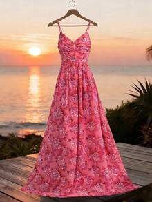 Faeriesty 优雅吊带长裙：精致印花雪纺长裙，飘逸垂坠，可调节肩带，侧开衩设计——完美适用于婚礼宾客、新娘写真、花园婚礼、浪漫之旅、正式场合及春季派对。 - 玫紅色 - 查看 1