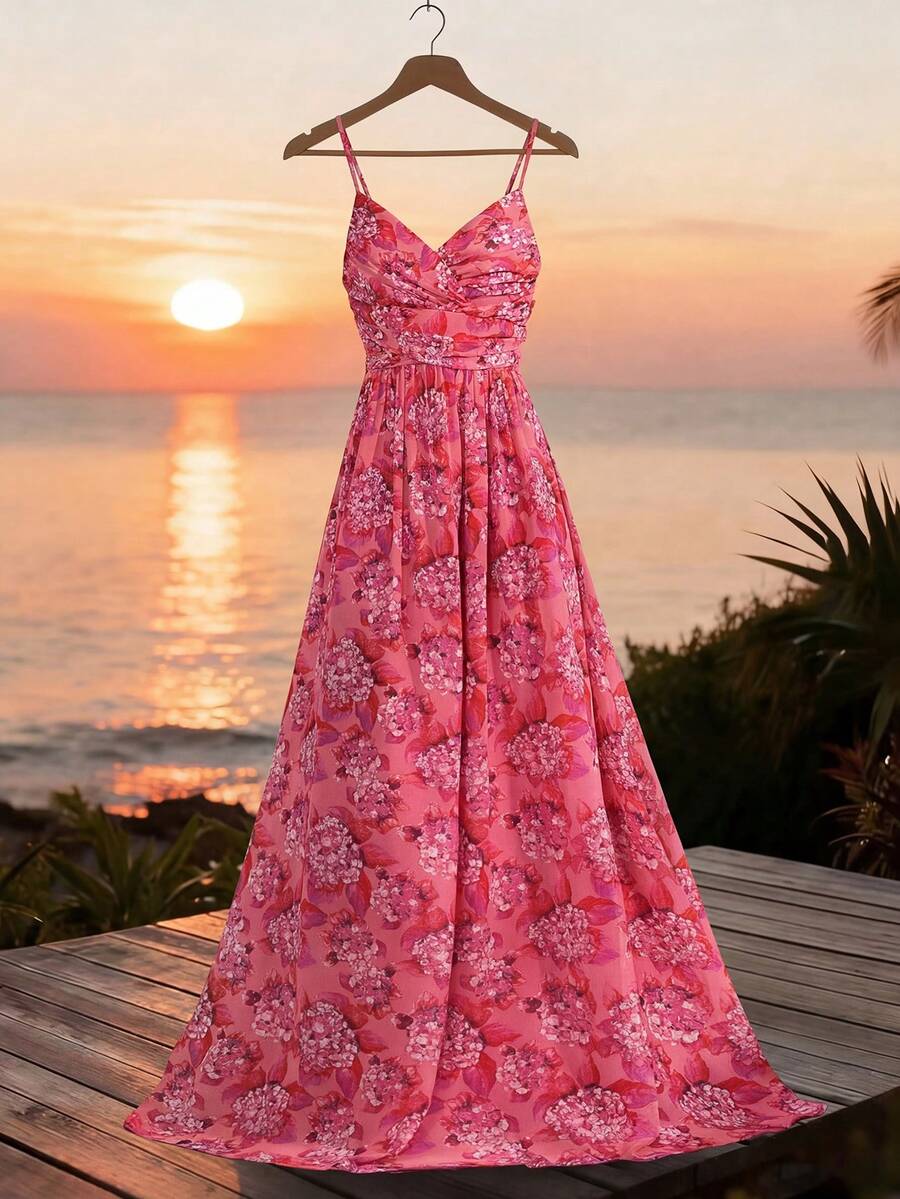 Faeriesty 优雅吊带长裙：精致印花雪纺长裙，飘逸垂坠，可调节肩带，侧开衩设计——完美适用于婚礼宾客、新娘写真、花园婚礼、浪漫之旅、正式场合及春季派对。 - 玫紅色 - 查看 1