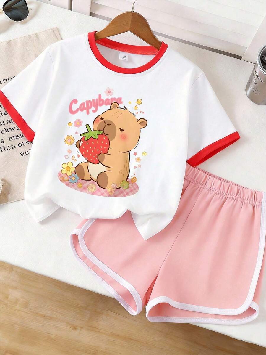 Bộ 2 món gồm áo thun cổ tròn và quần short in hình chuột lang nước cho bé gái, thiết kế tối giản thoải mái, phù hợp cho mùa xuân và mùa hè. - Nhiều màu - Xem 1