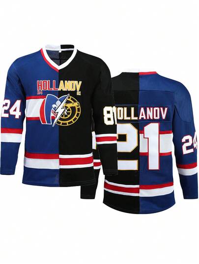 Camiseta de manga larga con gráfico de hockey sobre hielo negro y azul para hombre, ropa deportiva casual con cuello en V bordado para primavera