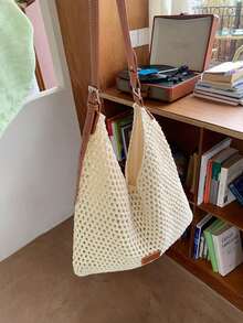 2025 New Hollow Out One Shoulder Woven Beach Bag, Large Capacity Commuter Tote Bag For Vacation - Beige - View 5