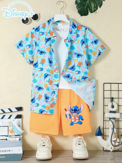 Disney Tween Boy Cartoon Print Casual Comfortable Fabric Polo Collar Short Sleeve Top And Elastic Waist Shorts Pajama Set, Spring/Summer
