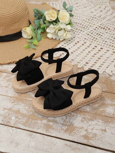 1 Pair Plus Size Black Toddler/Little Girls' Flat Sandals, Solid Fabric Strap With Bow Decor, Elastic Back, Round Toe Open Toe Comfortable Cute Roman Sandals, Suitable For 3-15 Years Old Girls, Daily, Travel, Vacation, Summer
