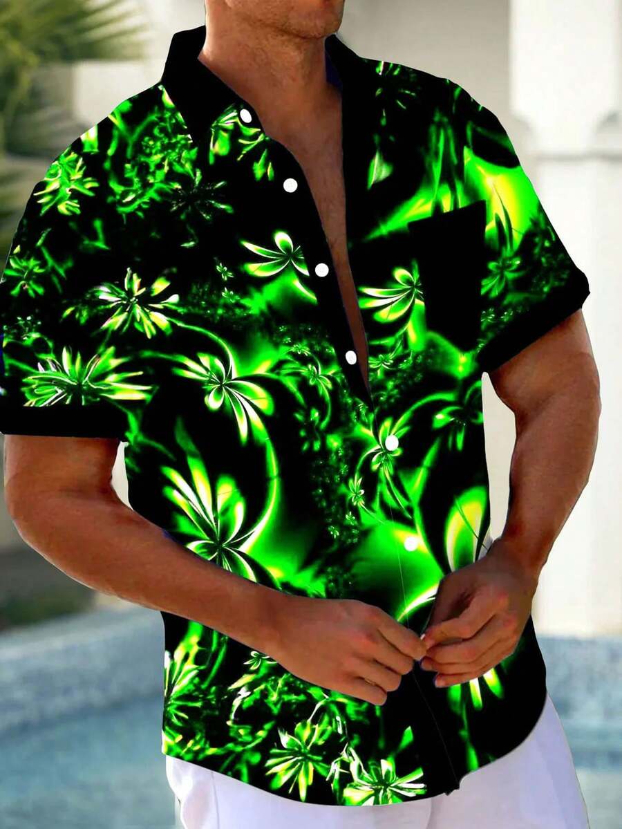 Hawaiian Gradient Floral Print Men's Button Pocket Short Sleeve Shirt - Green - View 1