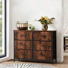 Sweetcrispy Dresser Bedroom 6 Drawers Wide Fabric Storage Units Chest Of Drawers Bedroom With Metal Frame And Wooden Top TV - 鏽棕色 - 查看 3