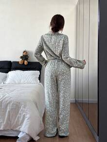 Dreamivo 绿色樱花印花荷叶边女士长袖睡衣套装 - 綠色 - 查看 2