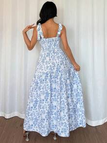 Women's Blue & White Floral Pleated Flounce Long Dress - Blue and White - View 2