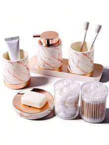 1/4/7 piezas Dispensador de jabón líquido de baño con textura de mármol, bomba de jabón dorada, botella de lavado de manos de cocina de cerámica con textura de mármol, botellas dispensadoras de jabón líquido con bomba - Versión de mármol - Ver 8