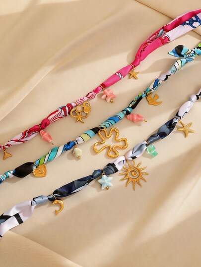 1pc Stainless Steel Necklace With Colorful Ribbon, DIY Ocean Series Design, Minimalist Casual Elegant High-End Vibe, Suitable As Gift For Friends, Everyday, Party, Event Wear For Women