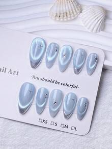 10pcs Handmade Almond-Shaped Silver Metal Nail Stickers, French Pointed Design, Light Blue Cat Eye Effect, Silver Star Diamond Accents. Fashionable Luxurious, High-End. Suitable For Various Occasions To Match Different Outfits. Easy To Apply And Remove, One-Click Nail Art - Baby Blue - View 2