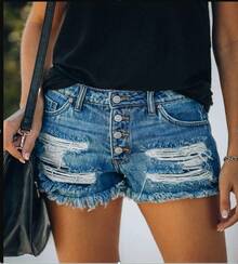 2026 Women Denim Shorts High Waist Ripped Jeans With Tassel Decoration Straight Buttons European American Style Summer Casual Fashion - Xám - Xem 9