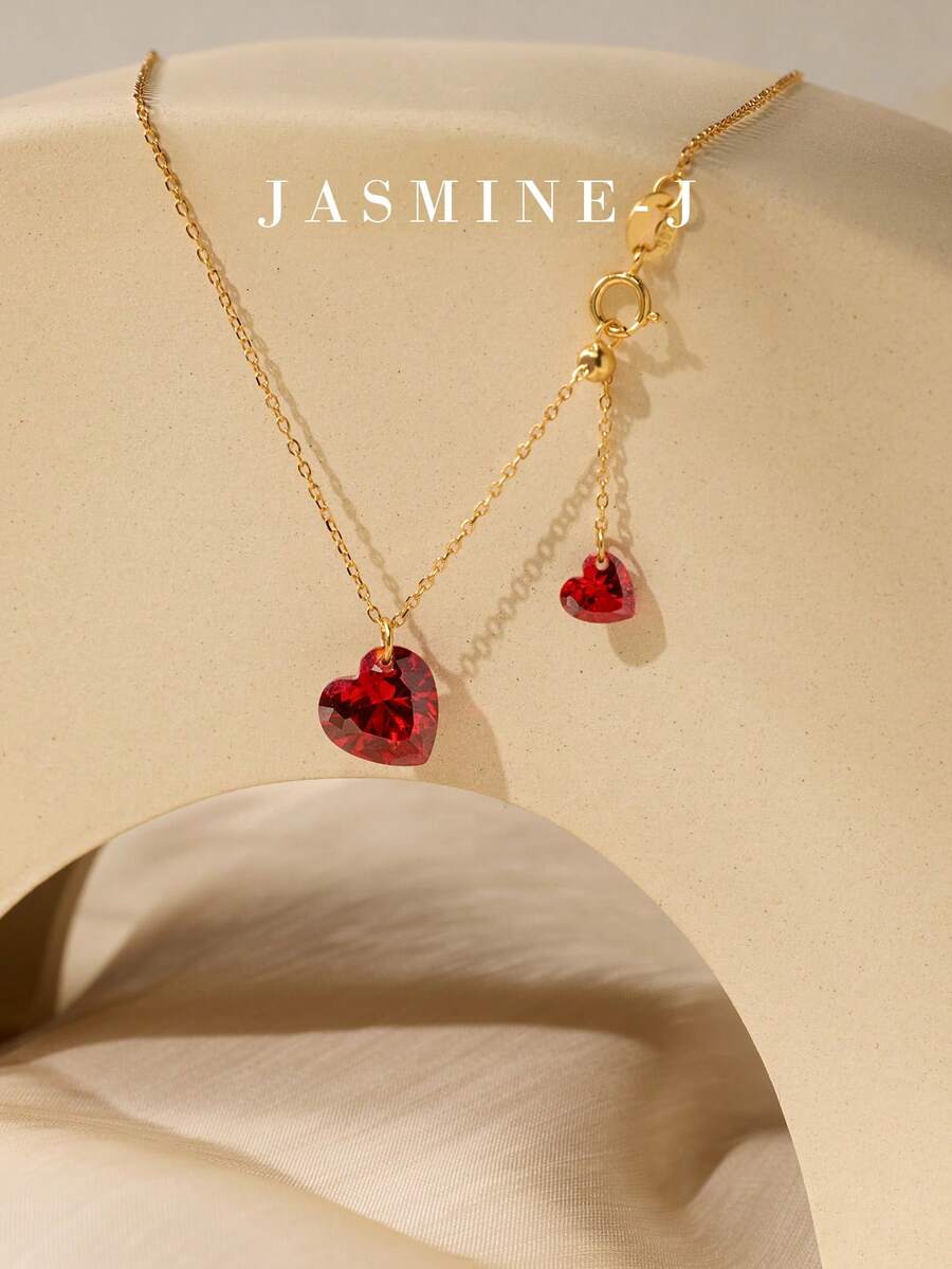 1pc S925 Sterling Silver Double Heart Pendant Necklace,Red Diamond Heart Pendant Necklace,Gold Necklace,Minimalist Elegance,Suitable For Women To Wear Daily - Multicolor - View 1