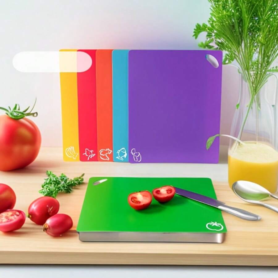 6pcs Thick Kitchen Cutting Boards Set, Colorful Food Icon Design, With Ergonomic Cooking Handles, Soft Non-Slip Chopping Mats, Kitchen Accessories