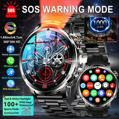 FFYTIEAZ 1个2026新款男士户外运动智能手表，1000mAh电池，双色LED手电筒，支持SOS闪光模式、声音警报模式，1.85英寸AMOLED屏幕，支持蓝牙通话、语音助手、提醒功能，100多种运动模式，GPS运动追踪，IPX8级防水，睡眠监测，健身追踪手表，兼容安卓和iOS系统。