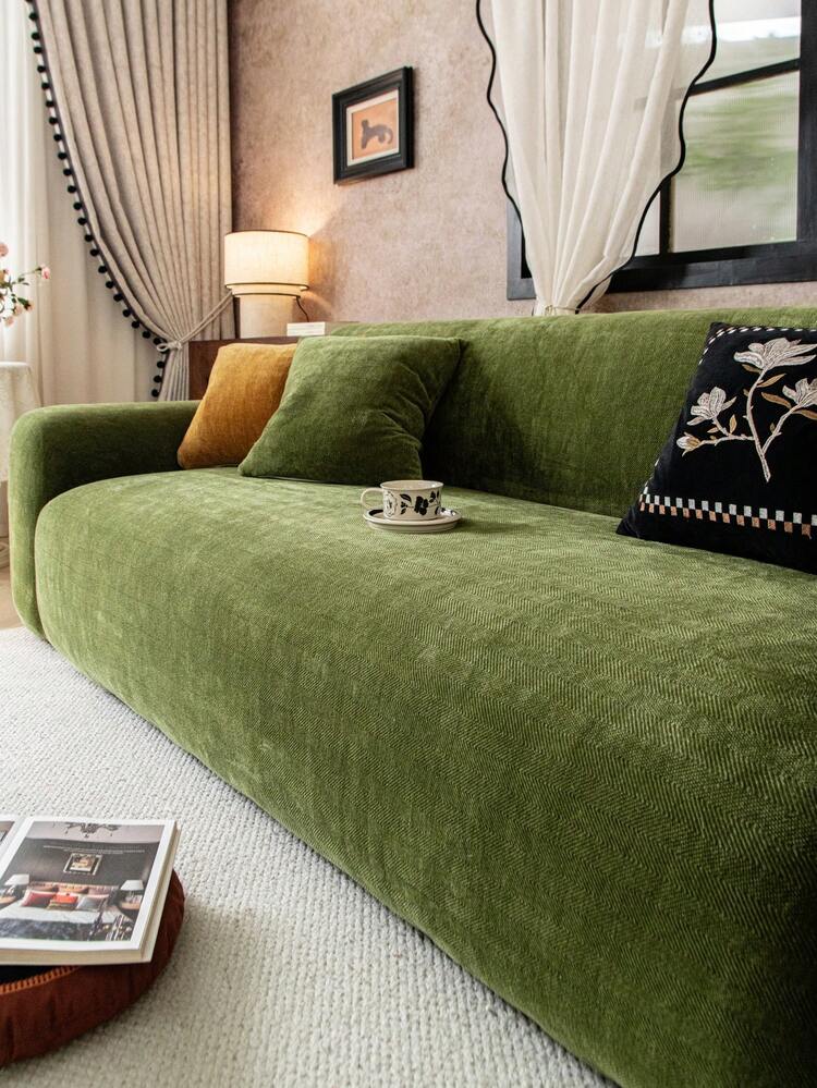 1pc Solid Color Thick Chenille Sofa Cover, Elastic Soft Warm Winter, Pet Friendly Anti-Slip Anti-Dirt, Fit For 1/2/3/4 Seater Sofa - Green - View 4