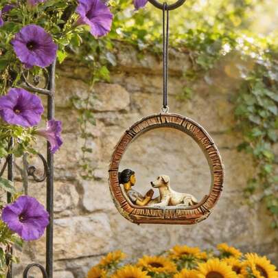 1件树脂复古树形戒指女孩与狗桌面树脂摆件，美式乡村风格墙挂装饰品