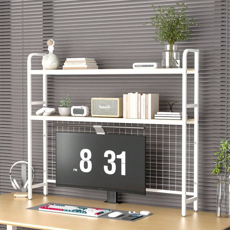 GCCSJ Bookshelf For Desk,2-Tier Desktop Bookshelf - Metal Desktop Bookshelf Organizer,Desk Book Organizer With 3 Hooks & DIY Storage Mesh,Suitable For Office/Game Room/Study/Powder RoomPerfect For Organizing Books, Magazines, Office Supplies(White) - 白色 - 查看 1