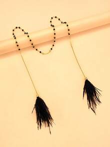 1pc Gold Party Outfit Black Beaded Face Chain, Black Feather Tassel Nose Ring Clip-On Accessory - Gold - View 6