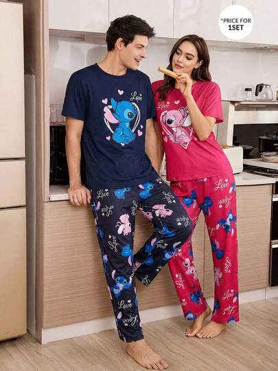 Disney 情人节情侣睡衣套装（2件套），女士柔软短袖长裤睡衣套装，舒适休闲家居服