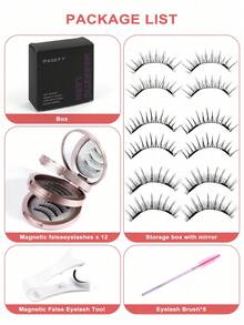 3 Pairs Magnetic False Eyelashes, Natural Style, Reusable, Comes With Eyelash Curler And 5 Eyelash Brushes, No Glue Needed, Assorted Styles, Easy To Wear And Remove, Natural Makeup Effect, Suitable For Daily, Party, Stage, Banquet Makeup, Also Suitable As Women's Day/Valentine's Day/Music Festival/Christmas/Christmas Eve/Thanksgiving Gift - 黑色 - 查看 3