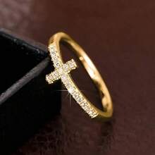 1枚优雅承诺戒指，时尚银/金十字架设计，镶嵌闪亮立方氧化锆，订婚/结婚戒指，奢华新娘珠宝 - 金色 - 查看 11
