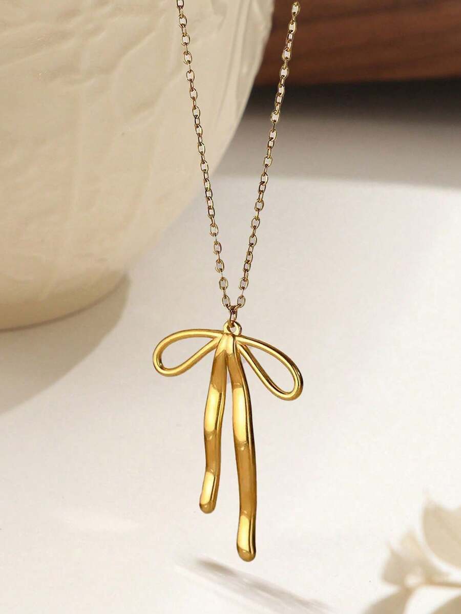 3件套浪漫蝴蝶结项链，不锈钢吊坠饰品，时尚韩式丝带项链礼品，优雅不锈钢派对饰品 - 金色 - 查看 1