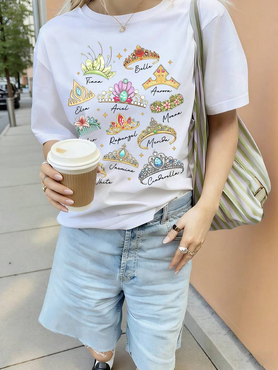 Disney Round Neck Short Sleeved Printed T-Shirt, Crown Pattern Printed T-Shirt, 2026 New T-Shirt, Family Leisure Vacation T-Shirt, Suitable For Both Men And Women, High-Quality Pure Cotton T-Shirt, Suitable For All Seasons, Comfortable And Breathable | Exquisite Design | The Best Choice For Giving Gifts - 白色 - 查看 1