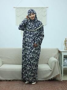 优雅长袖印花女式睡袍，圆领设计，梭织面料饰以精致贴花细节，展现优雅时尚的风格。 - 藏蓝色 - 查看 2