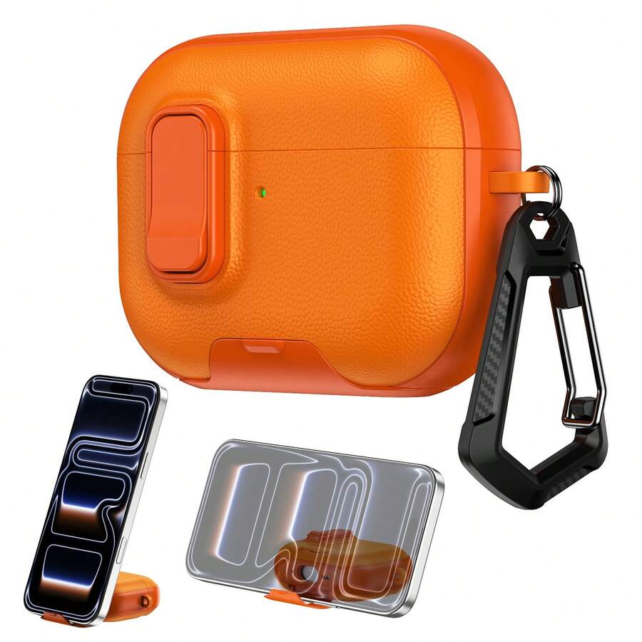 Starfish Leather Texture Clasp Stand Earphone Case, Minimalist New Design Suitable For AirPods 4, Pro, Apple Wireless Bluetooth Pro 2/Pro 3, Anti-Drop Earphone Charging Case, Orange & Black - Multicolor - View 1