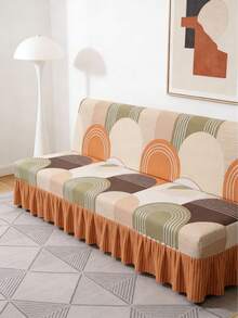 1pc Curved Printed Sofa Bed Cover, Skirt Design, Made Of Polyester Fiber Elastic Fabric, Fully Covered Design, Suitable For All Seasons, Simple And Modern - Burnt Orange - View 1