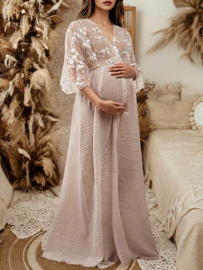 Beige Maternity V Neck Three Quarter Length Semi Sheer Sleeve Knitted Maxi Gown, Boho Lace Embroidery Flowy Loose Flared Hem Dress For Baby Shower Maternity Photoshoot Casual Home Formal Occasions