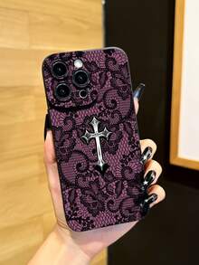 1pc New Unique Lace Cross Pattern Creative Phone Case, Compatible With Apple 17 Pro Max/Air, 11/12/13/14 Plus, XR/7/8 Plus/15 Pro Max, Series - Black - View 1