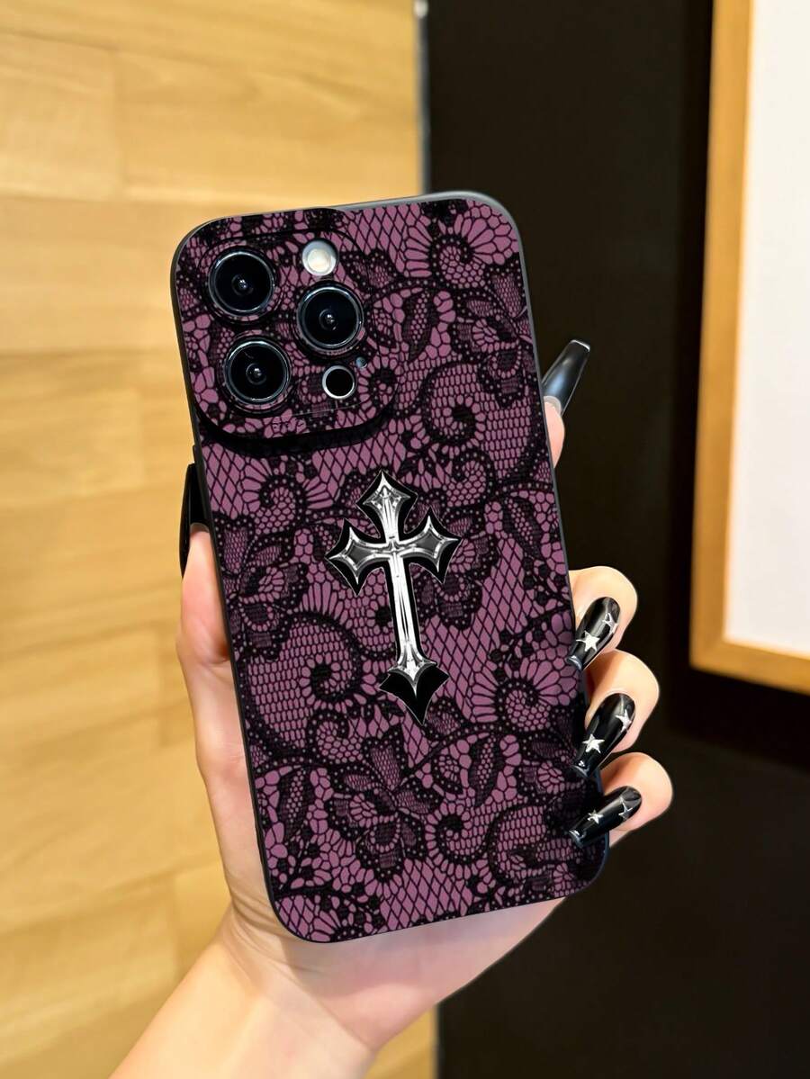1pc New Unique Lace Cross Pattern Creative Phone Case, Compatible With Apple 17 Pro Max/Air, 11/12/13/14 Plus, XR/7/8 Plus/15 Pro Max, Series - Black - View 1