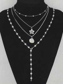4pcs Vintage Bohemian Style Metal Shell & Faux Pearl Flower Pendant Tassel Necklace Set, Y-Shaped Chain, Suitable For Daily Wear And Beach Vacation, Women Jewelry - Gold - View 4