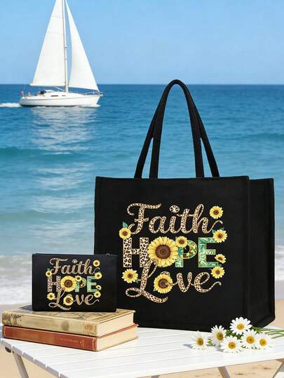 Faith Hope Love Sunflower Print Tote Bag & Makeup Bag Set, Leopard Print Shoulder Bag, Beach Bag For Women, Reusable Grocery Shopping Bag, Portable Cosmetic Pouch, Reusable Handbag, Shoulder Bag For Beach, Shopping, Work, Travel, Students, Daily Storage, Personalized Gift Bag, Teacher Appreciation Gift, Ideal Teacher Appreciation & Graduation Gift,Valentine'S Day Gift, Travel Essential,Perfect Summer Vacation Essential, Mother'S Day Gift, Easter Gift, Inspirational Christian Gift
