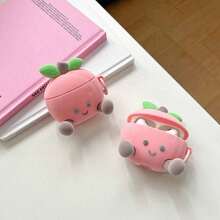 1pc Cute Cartoon 3D Flocked Texture Peach Graphic Silicone Earphone Protective Case, Suitable For AirPods 1/2/3/Pro/Pro2/Pro3, FreeBuds 4/4E/5i/6i/Se2/Se3/Pro3/Pro4, Clip - 粉色 - 查看 7