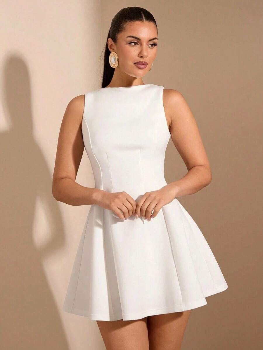 Women's Solid Color Date Night A-Line Sleeveless Waist Fitted Elegant Dress, Autumn,Summer Dresses Women,Tea Party Dress,White Graduation Dress - 白色 - 查看 1