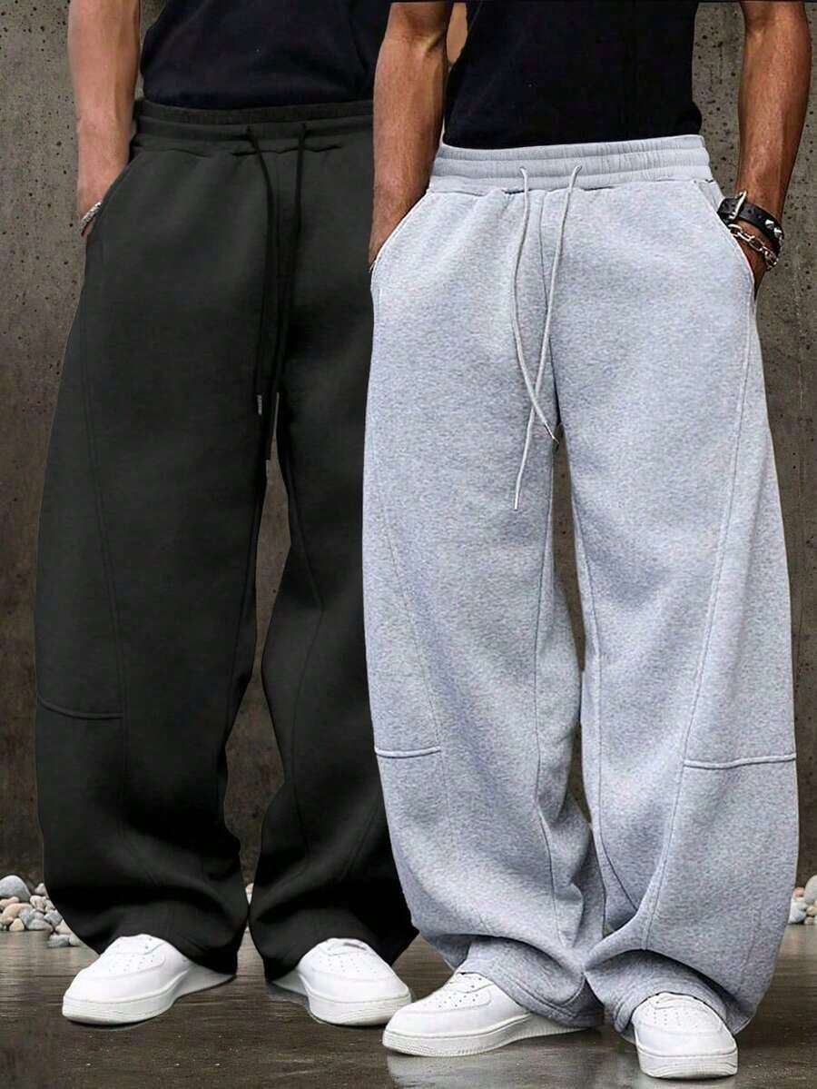 Men's Loose Fit Wide Leg Pants In Gray, Featuring Solid Color Design With Drawstring Waist Details, Made Of Thin Polyester Fabric, Suitable For Casual Wear, Everyday Outings And Sports Activities In Spring And Summer - Xám - Xem 1