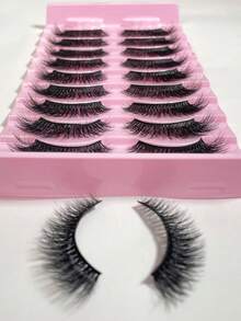 10 pares de pestañas postizas completas, estilo europeo y americano, esponjosas, densas, de aspecto natural, con puntas afiladas, raíces de pestañas negras ultra finas, ligeras, suaves, reutilizables, esenciales de maquillaje diario, portátiles - Negro - Ver 3