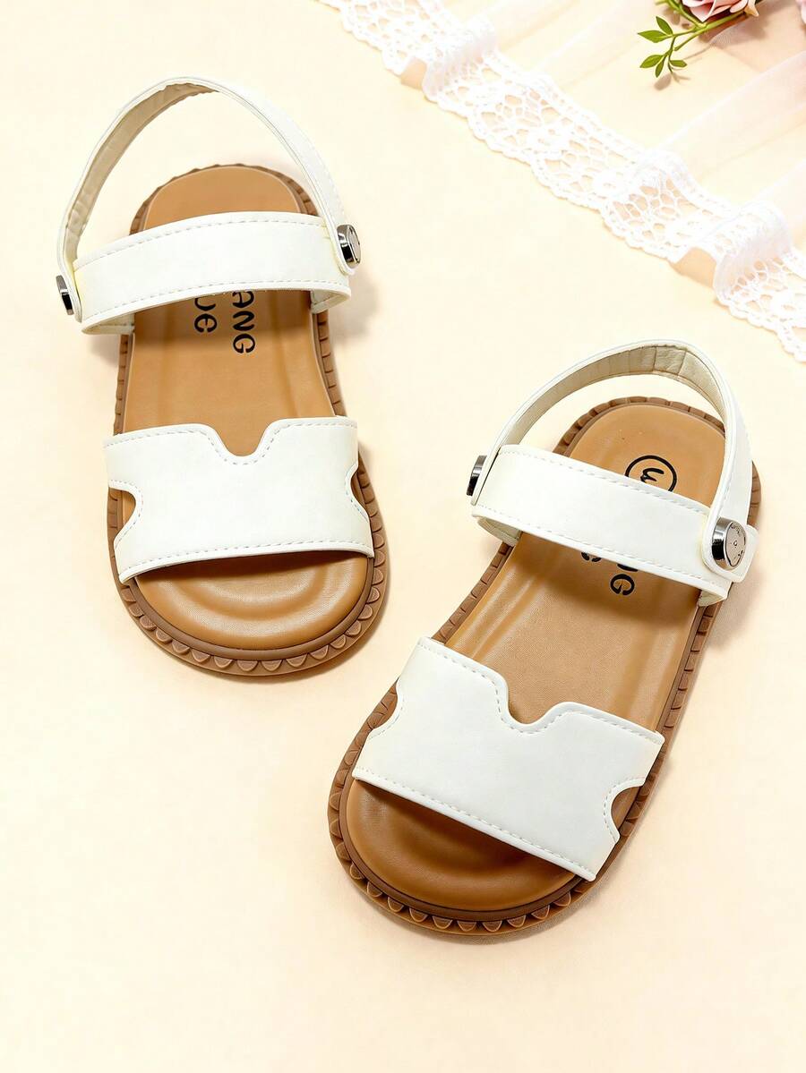 1 Pair Beige Children's Sandals, Girls' Summer Sandals, Open Toe Flat Sandals, Fashionable White Hollow Double Strap Hook And Loop Style, Suitable For Banquets, Gatherings, Parties, Weddings, Vacations - Beige - View 1