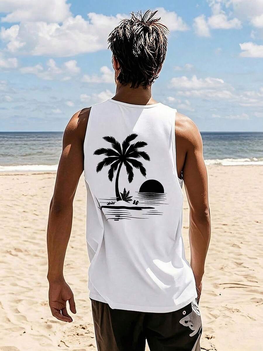 1 chiếc áo tank top nam cổ tròn in hình cây dừa và mặt trời, kiểu dáng thường ngày, thích hợp cho mùa hè. - trắng - Xem 1