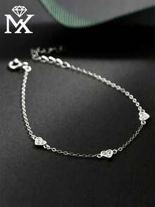 SYMFNY 925 Sterling Silver Minimalist Ins-Style Smooth Texture Pave Diamond Shiny Heart-Shaped Bracelet, Romantic Thoughtful Practical Niche Exquisite Jewelry Gift For Girlfriend, Valentine's Day, Anniversary - Bracelet - View 3