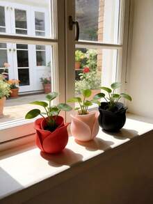 1pc 3D Printed Plastic Rose Flower Pot, White/Red/Pink/Black Rose, Soft Focus Petal Details, Breathable Drainage Planter, Suitable For Vintage Desk, Balcony, Succulent Planting, Desktop Decor, Balcony Decoration - Multicolor - View 3