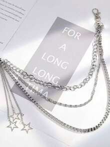 1件装时尚嘻哈星形吊坠链腰带，男士拼接裤链配饰金属盒链朋克腰链 - 銀色 - 查看 3